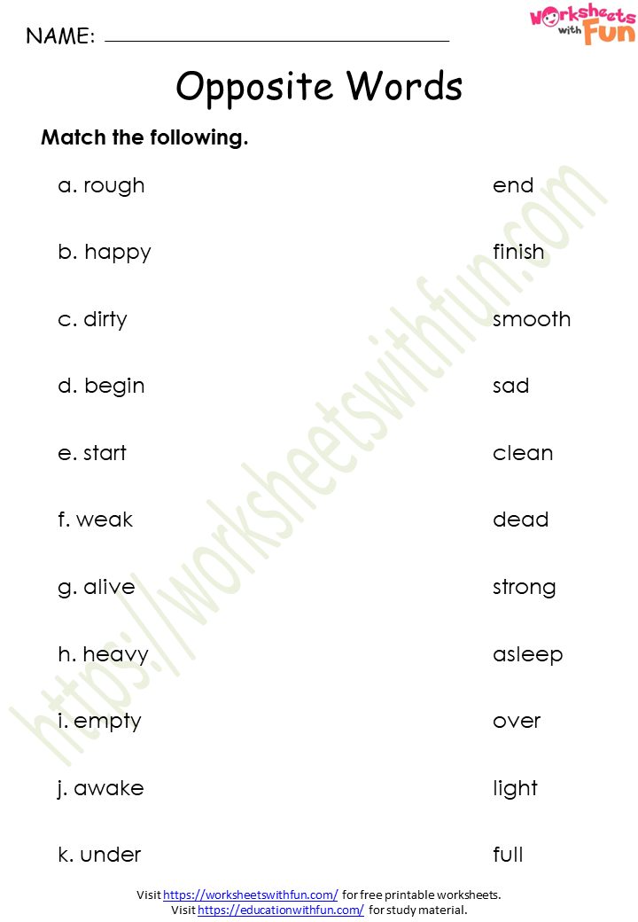 English Class 1 Opposite Antonyms Words Worksheet 2